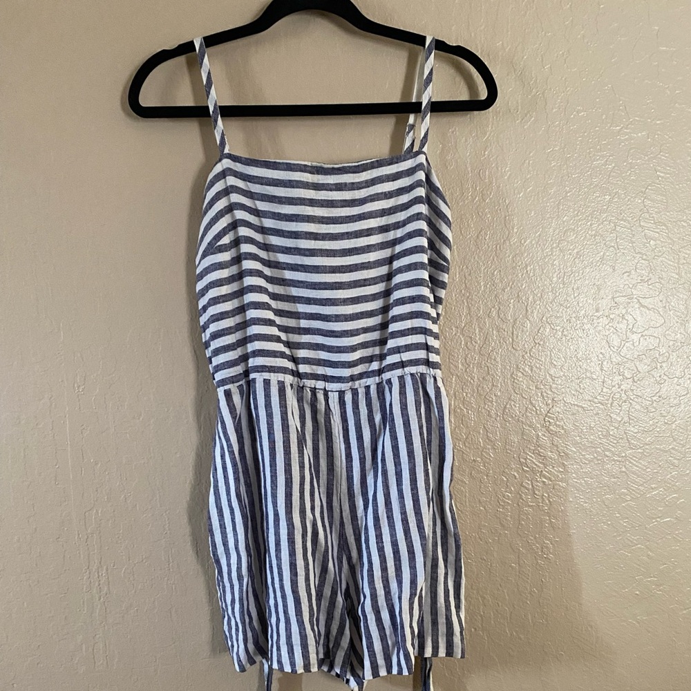 C&C California Linen Romper. Blue and white stripes thin straps and lightweight.